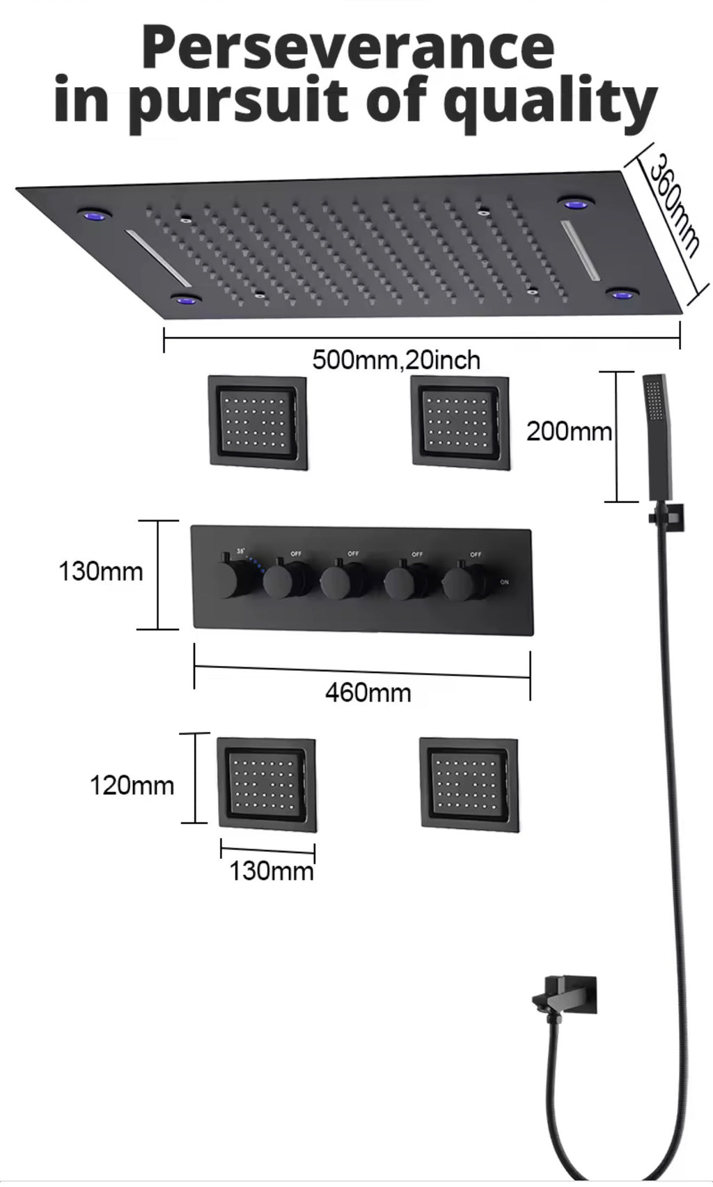 AURA Matte Black LED Shower Head Panel Waterfall Shower System