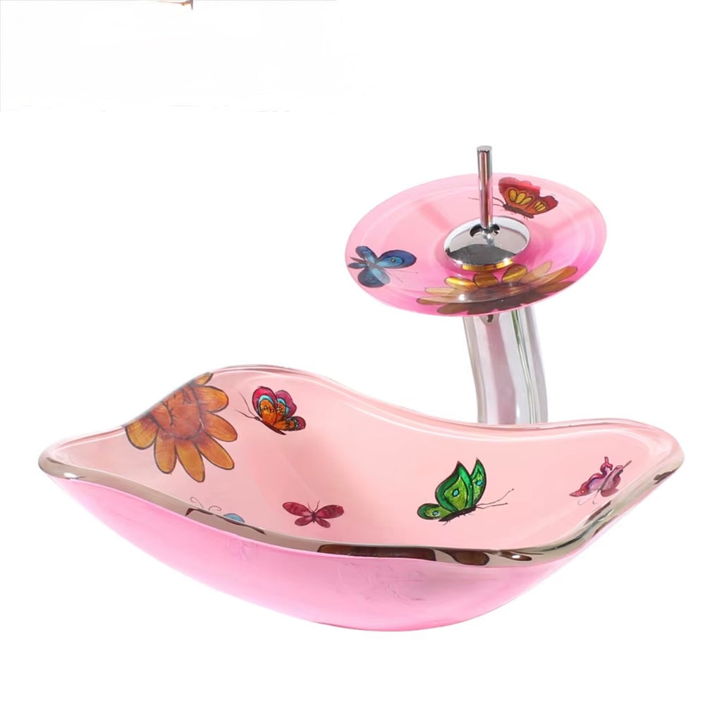 Farfalla Pink Butterfly Glass Vessel Sink Set