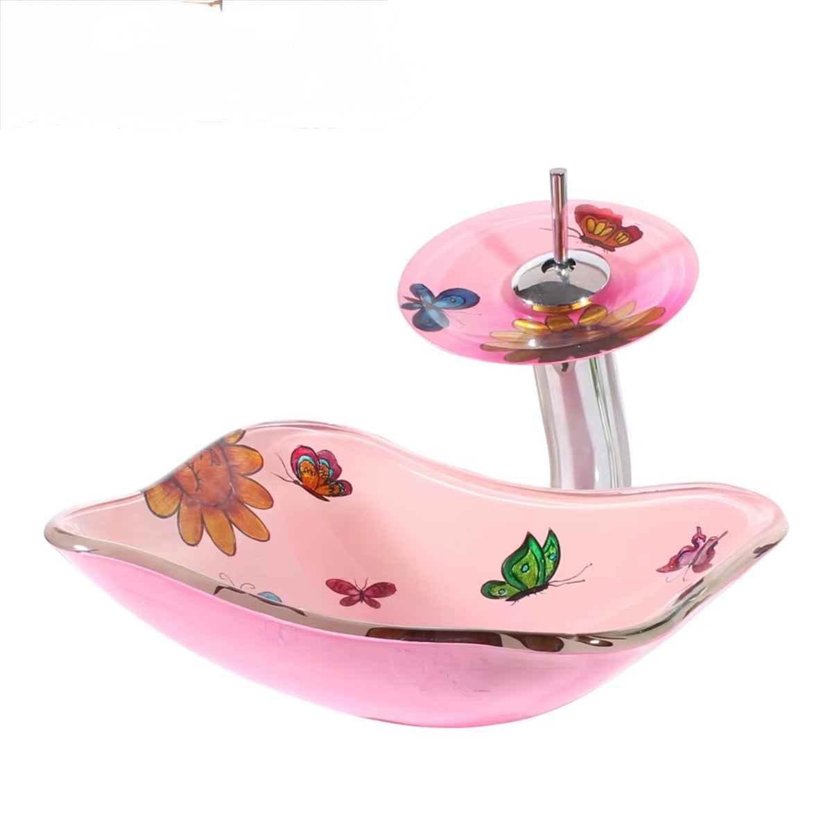 Farfalla Pink Butterfly Glass Vessel Sink Set