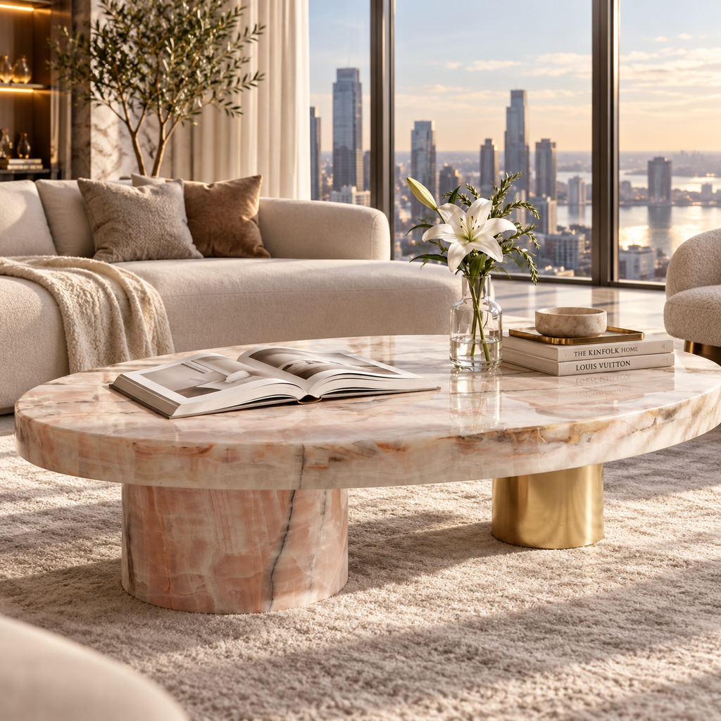 Rosalia Pink Marble & Gold Sculptural Coffee Table
