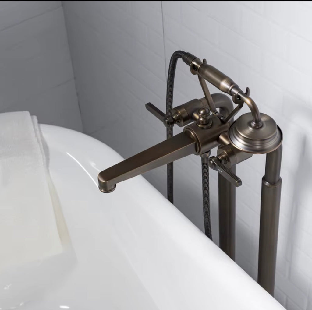 Matteo Vintage Brushed Brass Freestanding Tub Filler with Hand Shower
