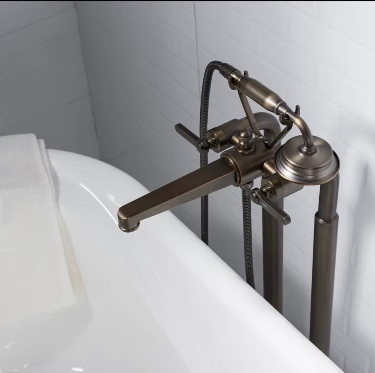 Matteo Vintage Brushed Brass Freestanding Tub Filler with Hand Shower
