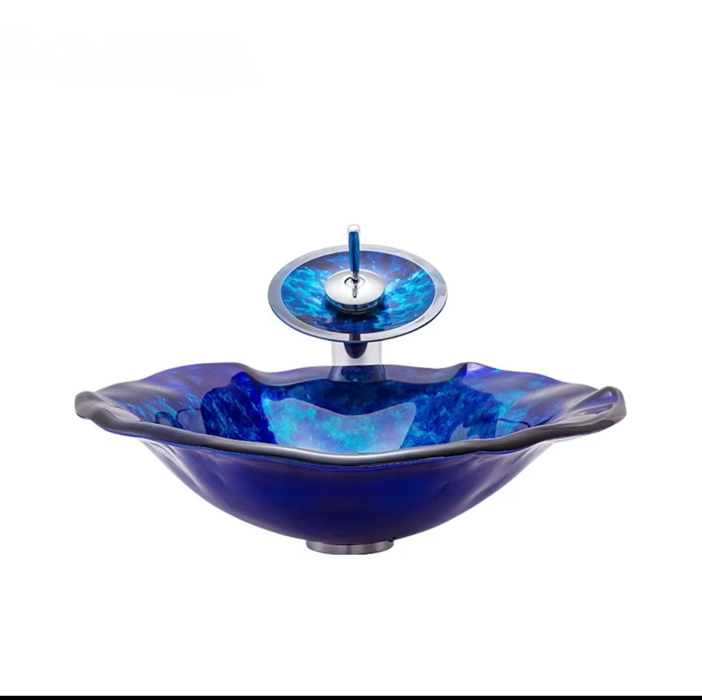 Maristella Blue Sculptural Glass Vessel Sink Set