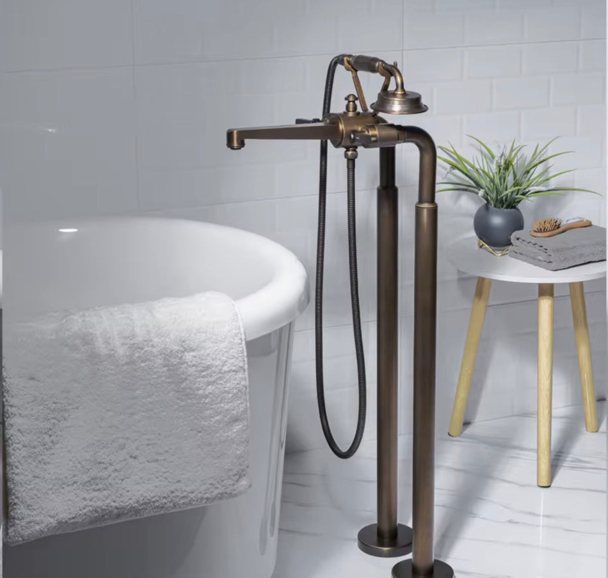 Matteo Vintage Brushed Brass Freestanding Tub Filler with Hand Shower
