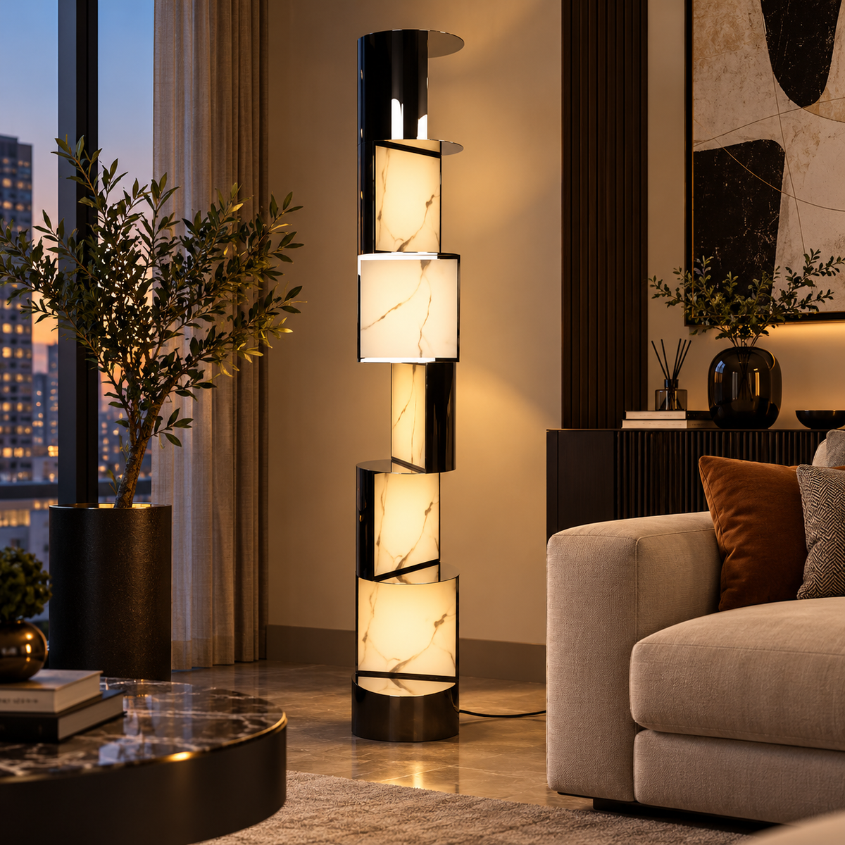 Marcello Sculptural Marble & Stainless Steel LED Floor Lamp
