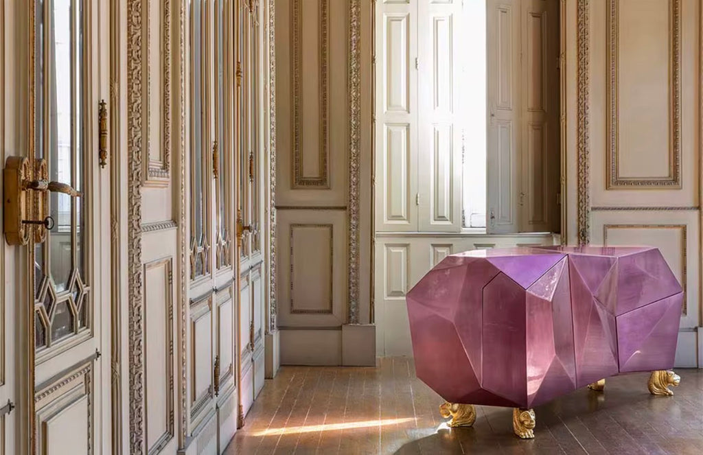 Casa Milano™ Amethyst Diamond Facet Luxury Sideboard – Sculptural Geometric Console with Gold Base