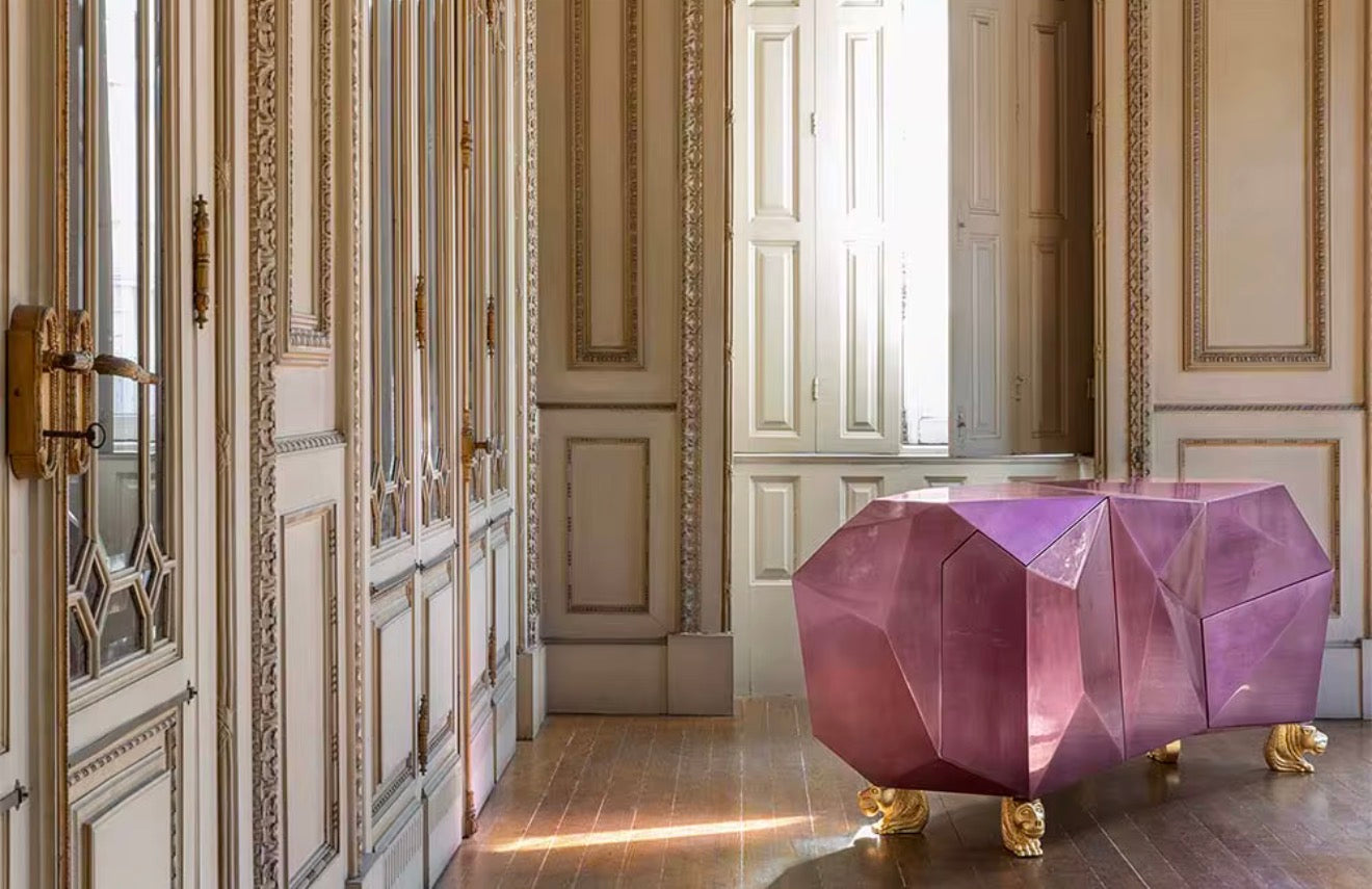 Casa Milano™ Amethyst Diamond Facet Luxury Sideboard – Sculptural Geometric Console with Gold Base