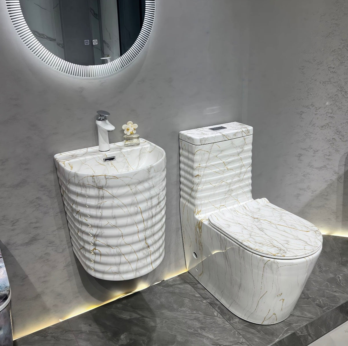 BIANCA FLUTED MARBLE-LOOK TOILET & PEDESTAL SINK COLLECTION