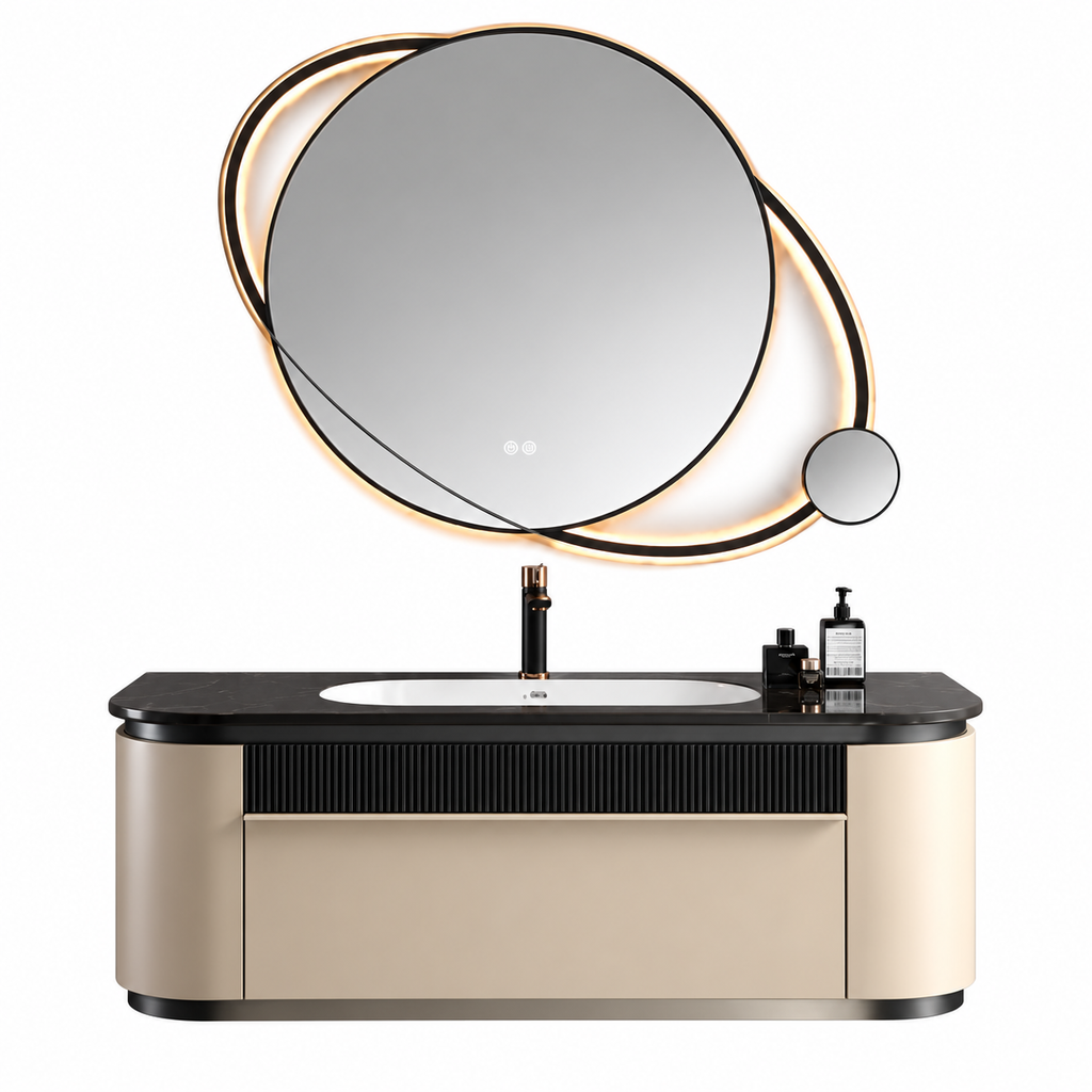 Marcella 51” Stainless Steel Floating Bathroom Vanity with Sculptural Mirror