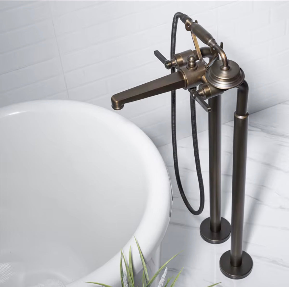 Matteo Vintage Brushed Brass Freestanding Tub Filler with Hand Shower