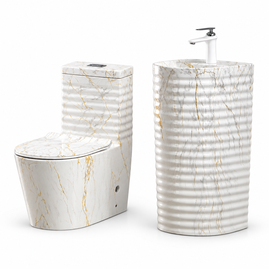BIANCA FLUTED MARBLE-LOOK TOILET & PEDESTAL SINK COLLECTION