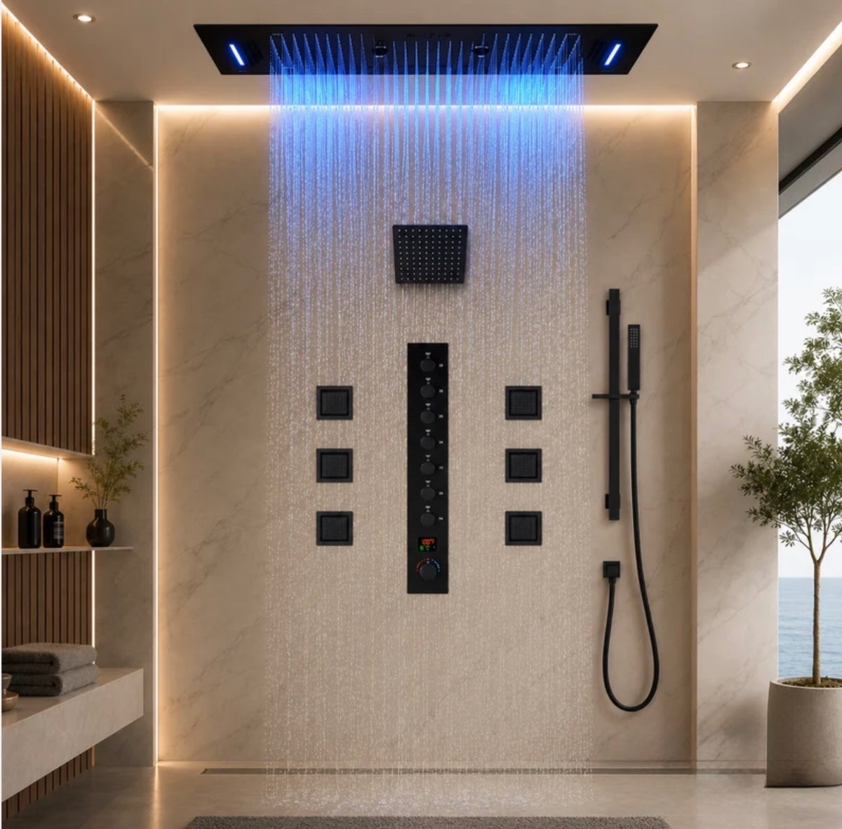 AURA Matte Black LED Shower Head Panel Waterfall Shower System