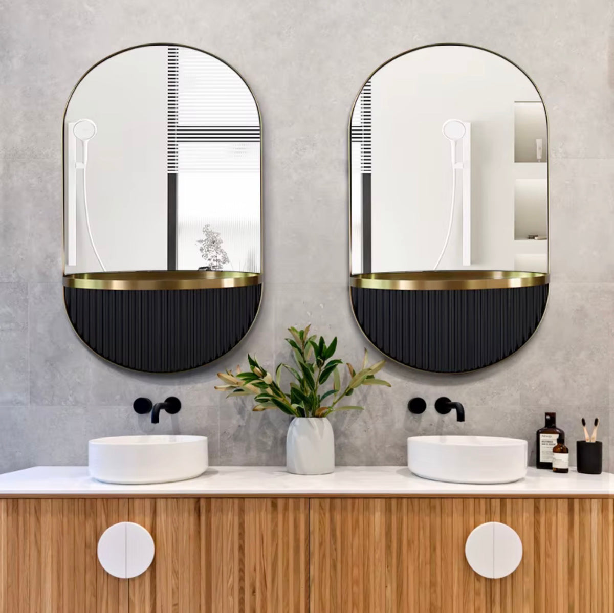 ALESSANDRA ARCHED FLUTED BATHROOM MIRROR WITH SHELF