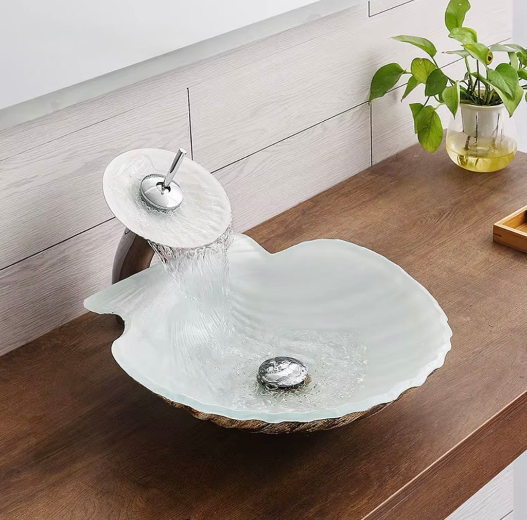 Coralia White Shell Glass Vessel Sink Set