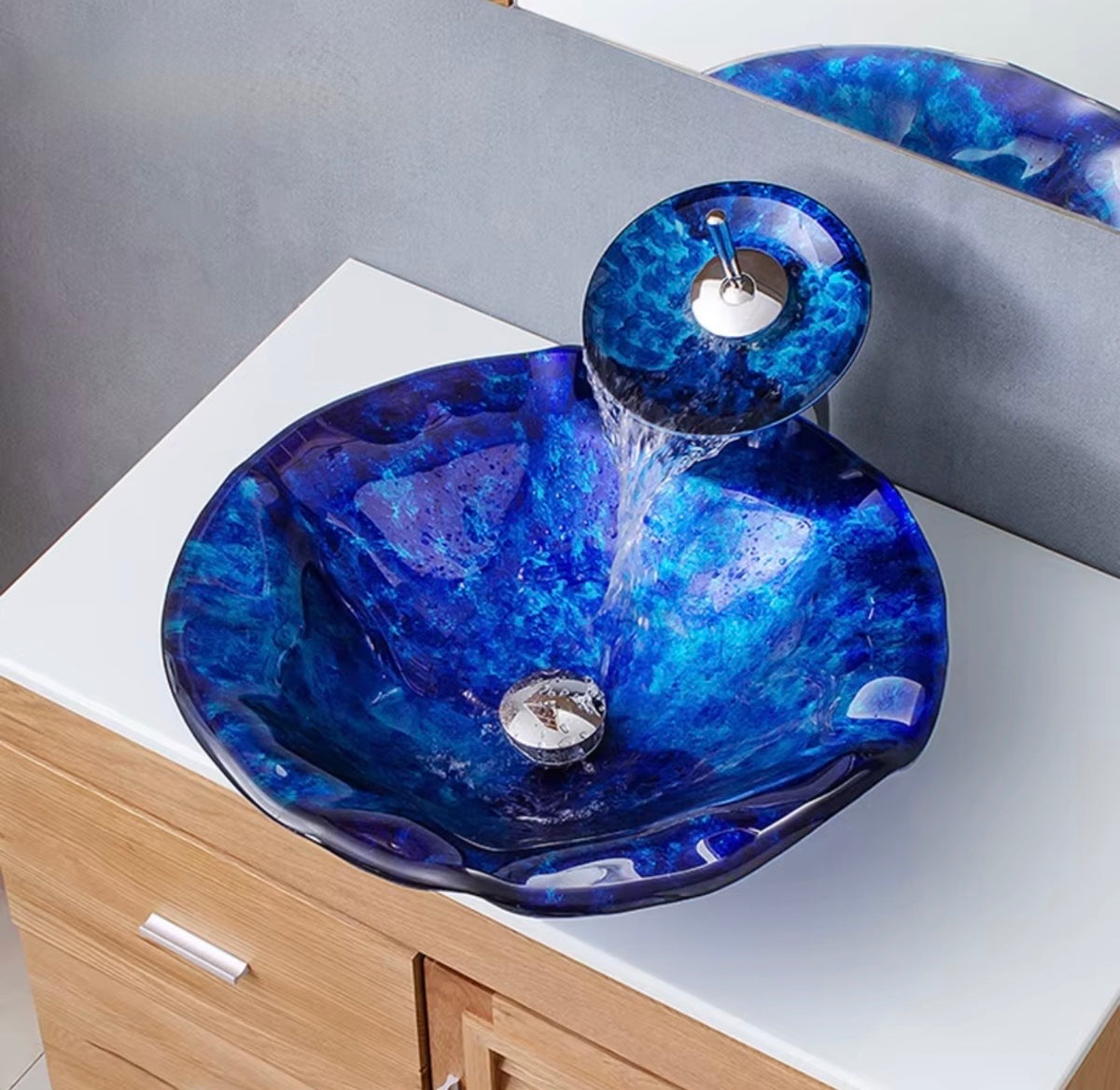 Maristella Blue Sculptural Glass Vessel Sink Set