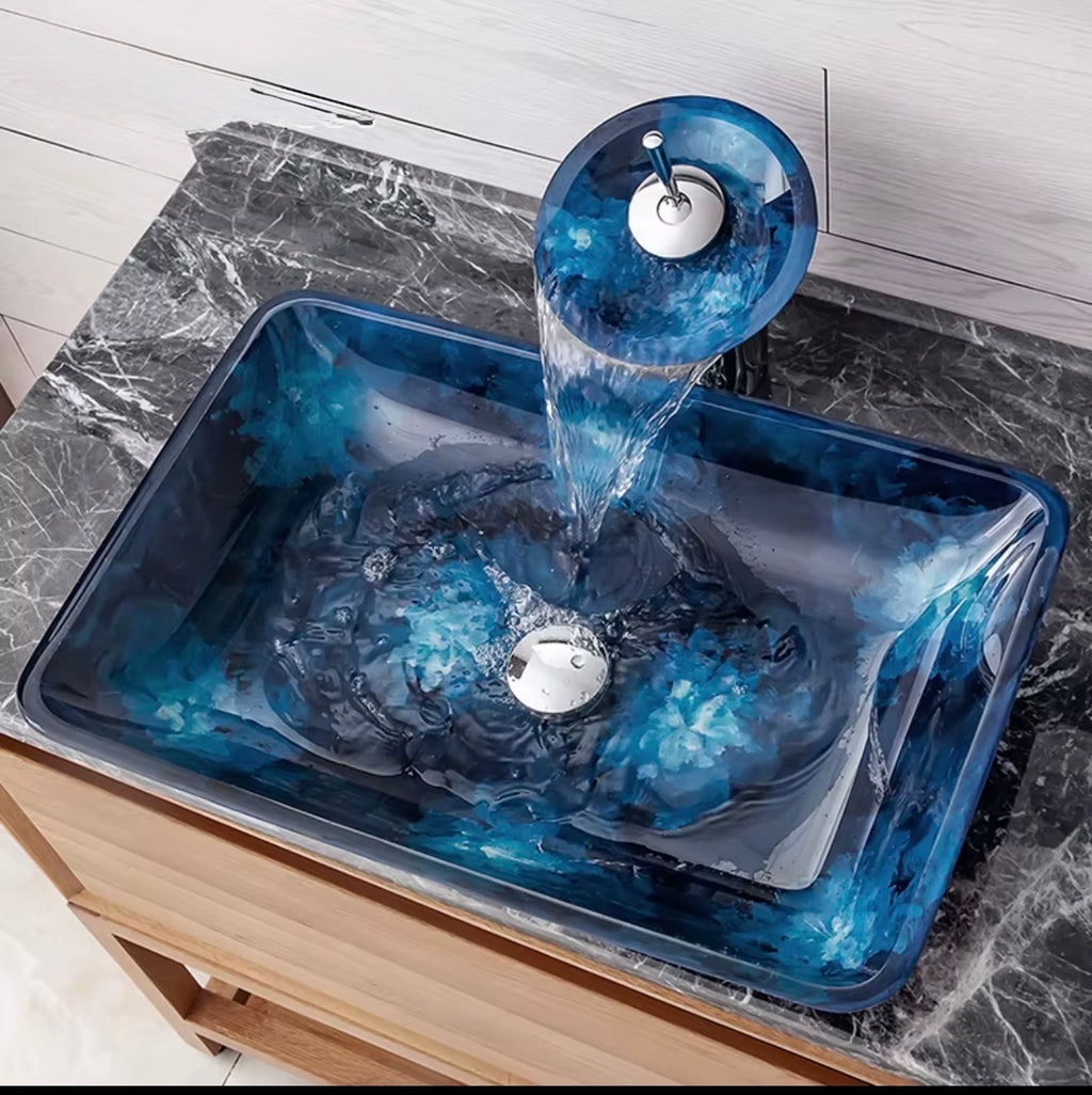 Floriana Blue Floral Glass Vessel Sink Set