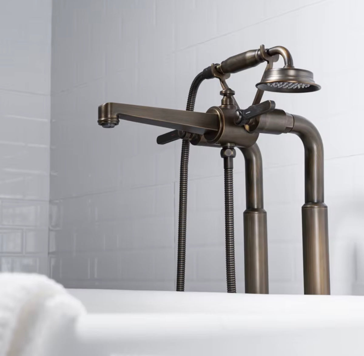 Matteo Vintage Brushed Brass Freestanding Tub Filler with Hand Shower