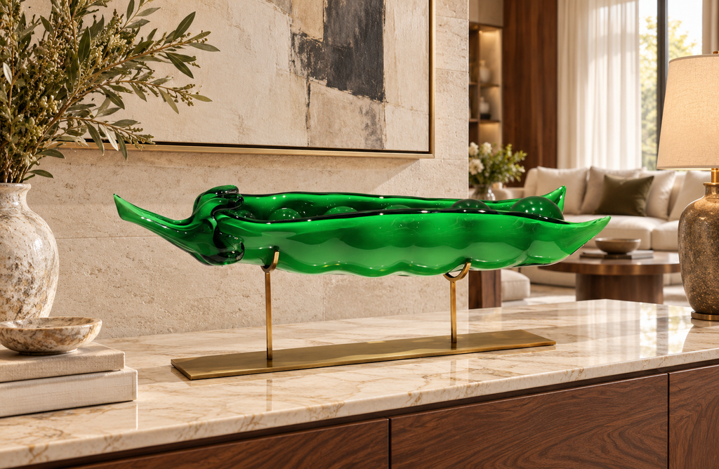 Verdiana Emerald Glass Peapod Sculpture