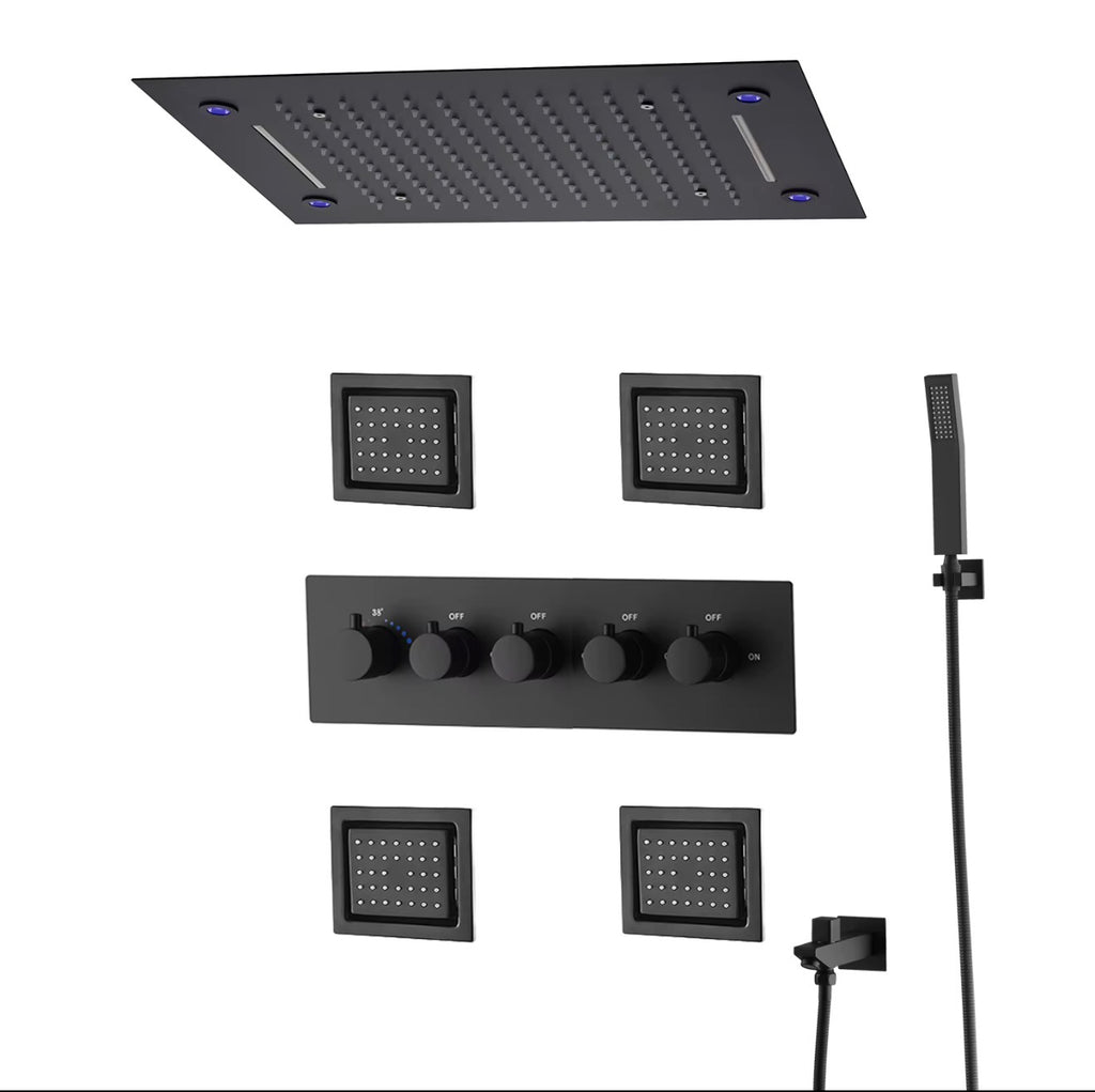 AURA Matte Black LED Shower Head Panel Waterfall Shower System