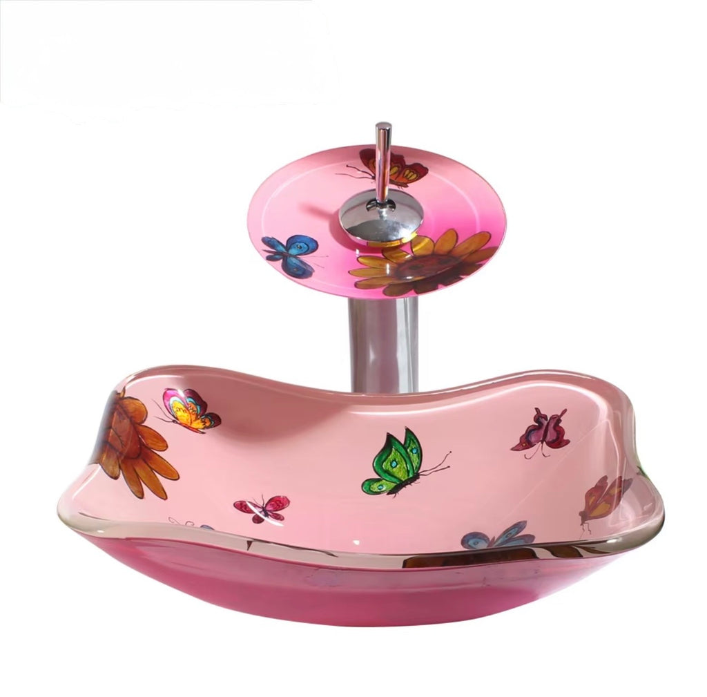 Farfalla Pink Butterfly Glass Vessel Sink Set