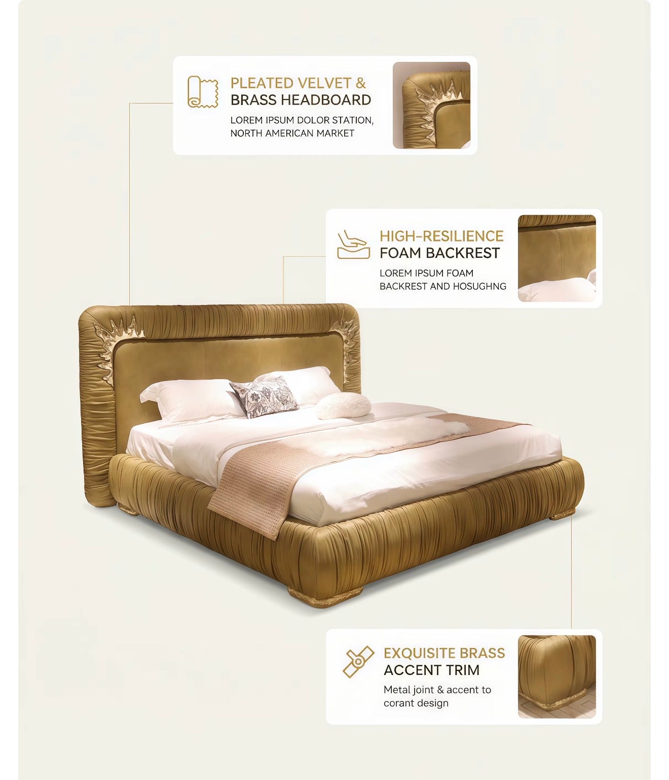 Lorenzo Gold Pleated Velvet Bed