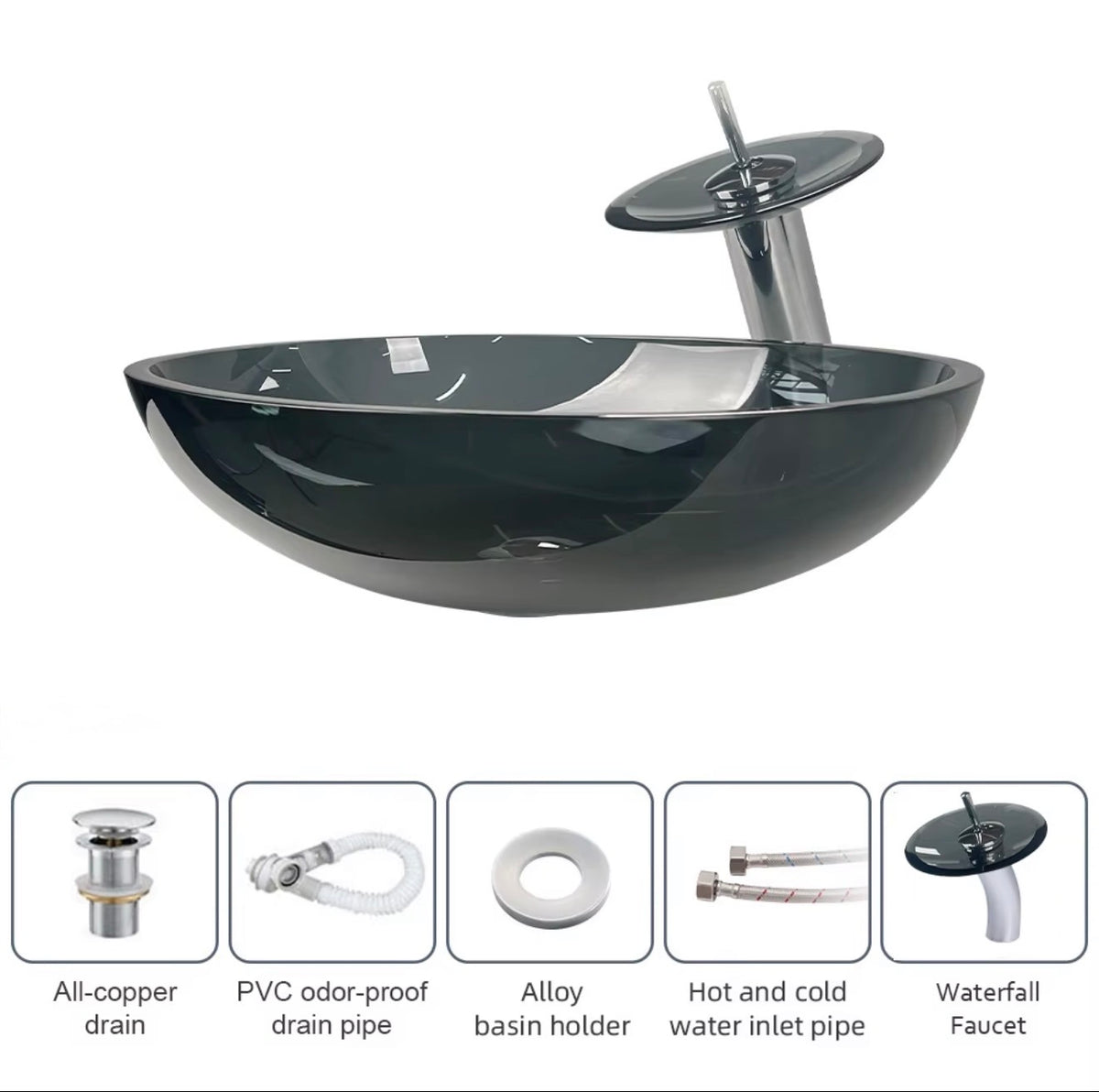 Valeria Smoked Glass Vessel Sink Set