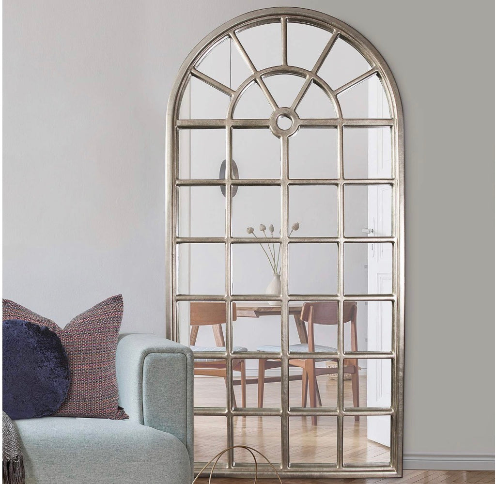 Casa Milano – Mirabel 84” Arched Window Pane Silver Wall Mirror