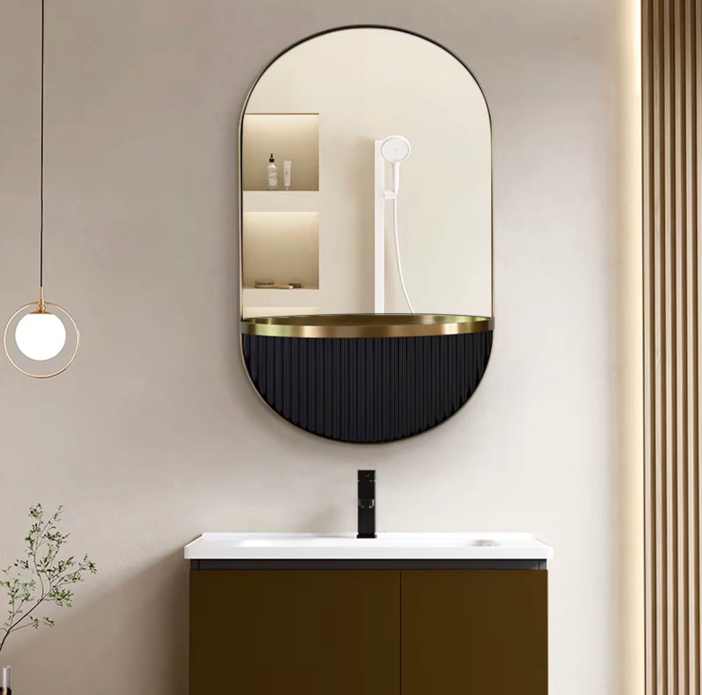 ALESSANDRA ARCHED FLUTED BATHROOM MIRROR WITH SHELF