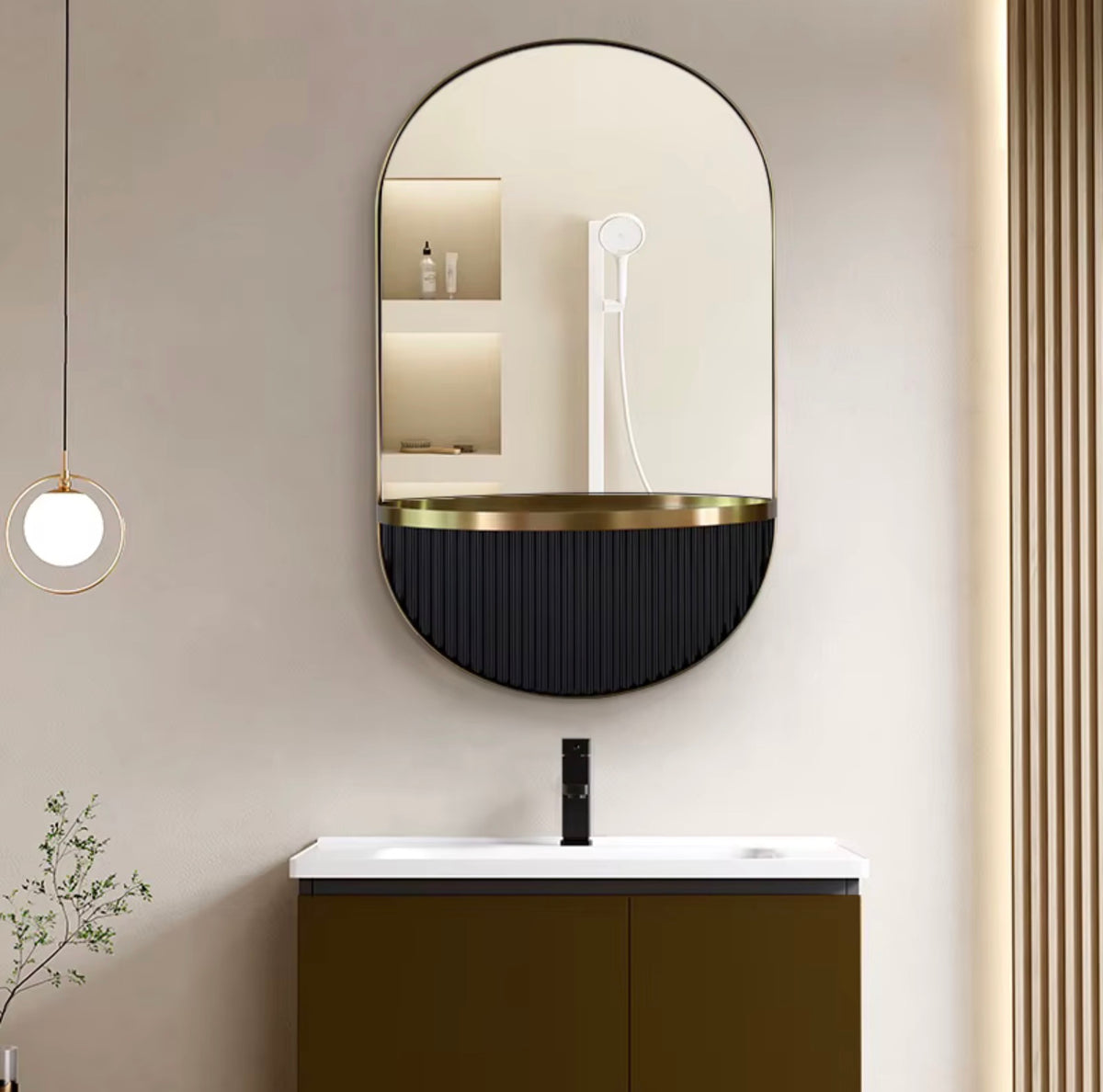ALESSANDRA ARCHED FLUTED BATHROOM MIRROR WITH SHELF
