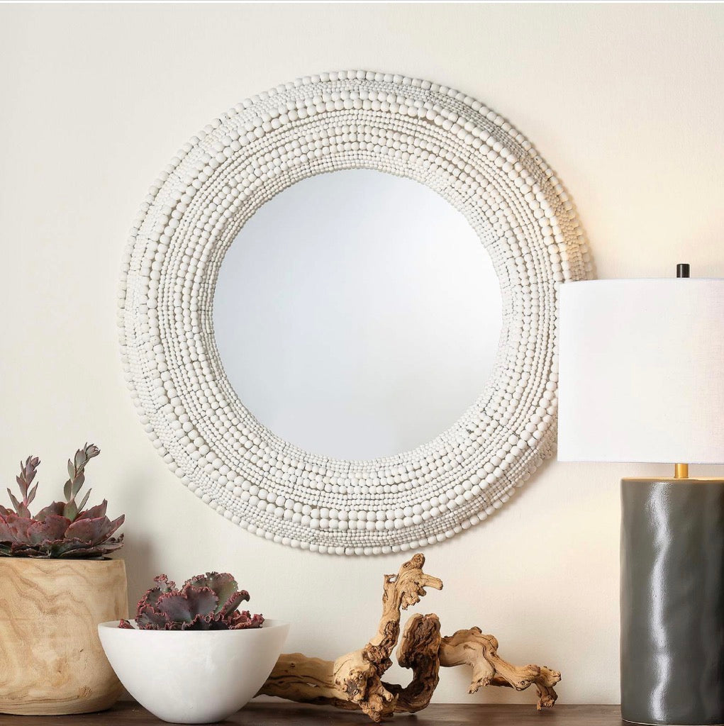 Casa Milano – White Beaded Round Wall Mirror 37.5”