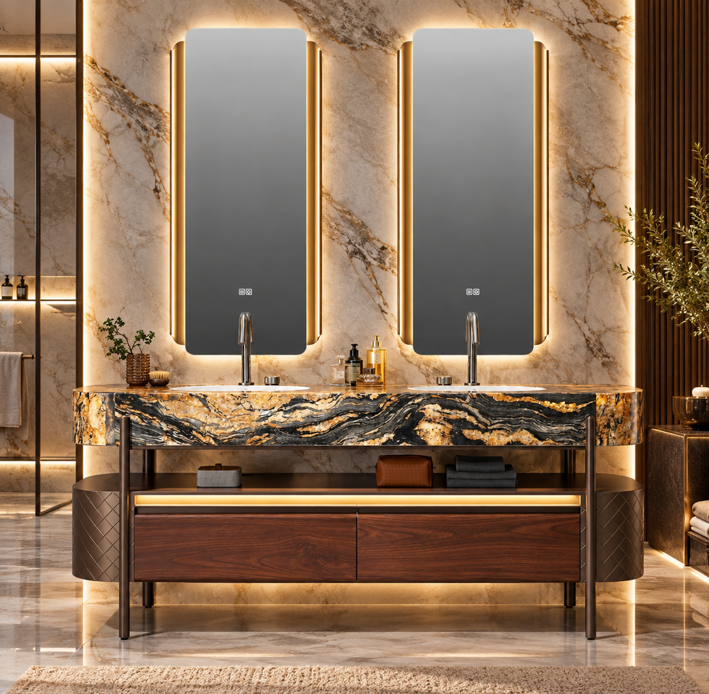 Donatella Marble & Stainless Steel Double Bathroom Vanity with LED Mirrors