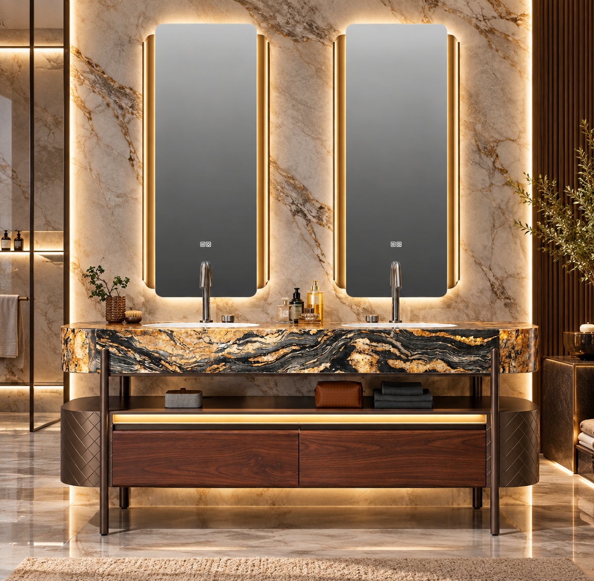 Donatella Marble & Stainless Steel Double Bathroom Vanity with LED Mirrors