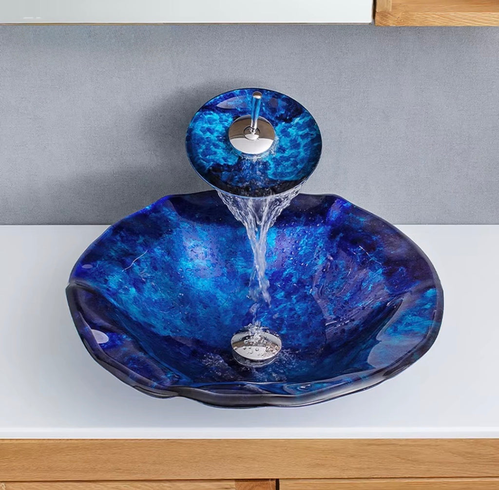 Maristella Blue Sculptural Glass Vessel Sink Set