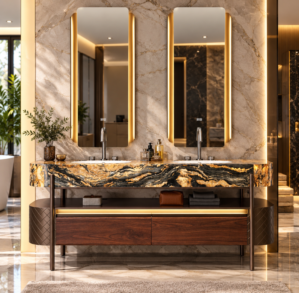Donatella Marble & Stainless Steel Double Bathroom Vanity with LED Mirrors