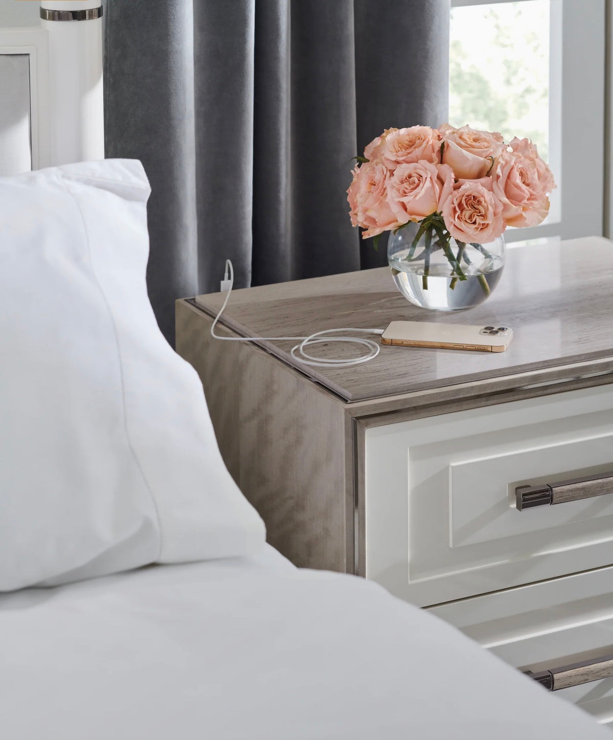 Caracole I'm Impressed Silver Travertine Nightstand