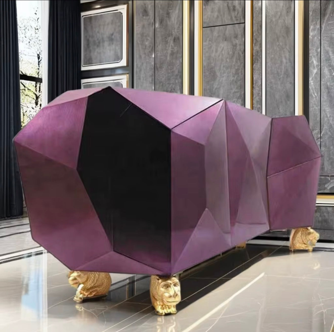 Casa Milano™ Amethyst Diamond Facet Luxury Sideboard – Sculptural Geometric Console with Gold Base