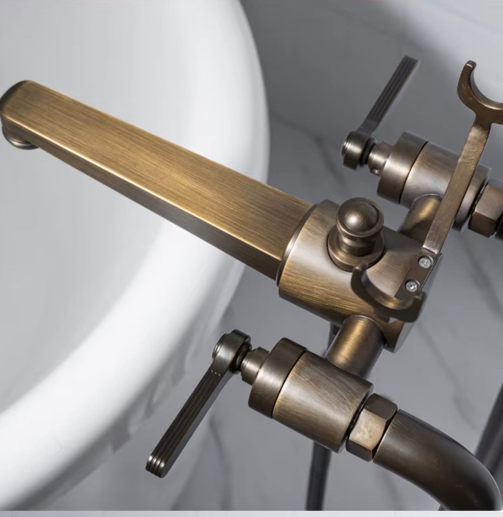 Matteo Vintage Brushed Brass Freestanding Tub Filler with Hand Shower