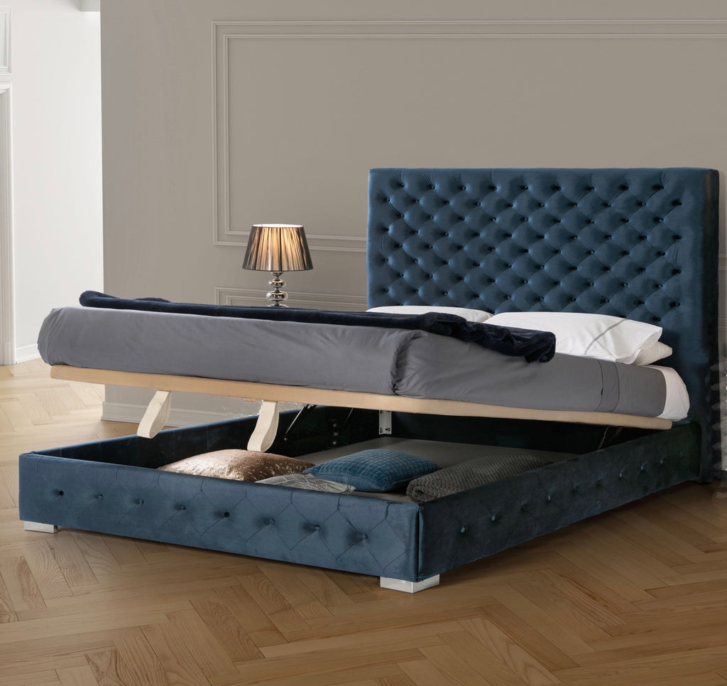 Casa Milano – Leonor Blue Upholstered Bed with Storage (QS / KS)