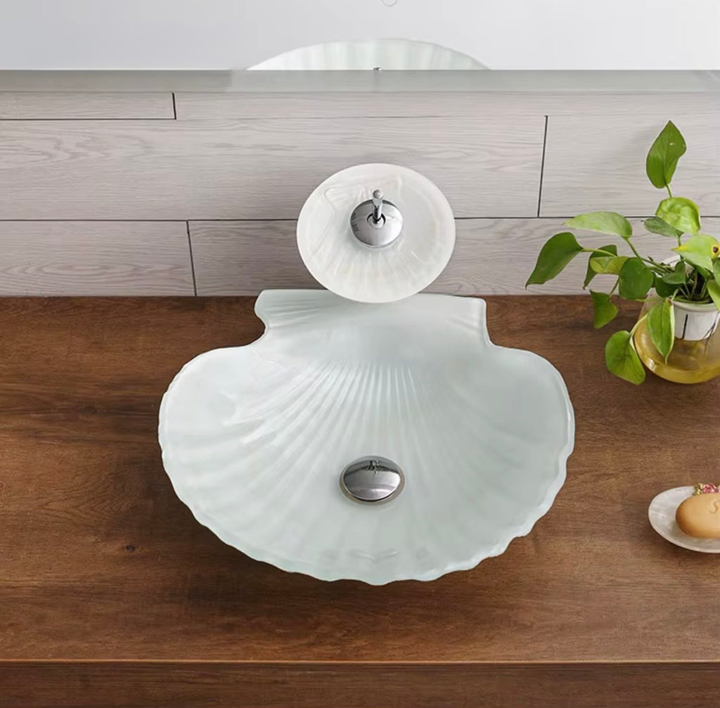Coralia White Shell Glass Vessel Sink Set