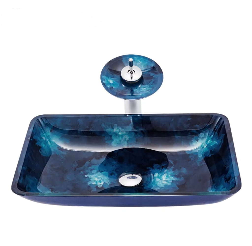 Floriana Blue Floral Glass Vessel Sink Set