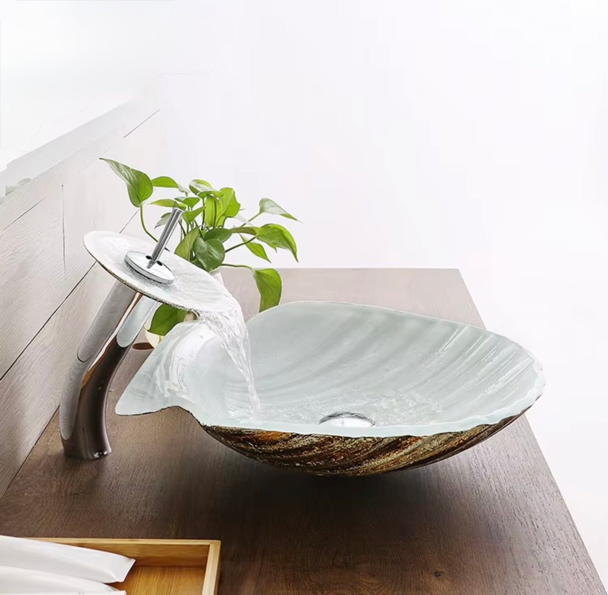 Coralia White Shell Glass Vessel Sink Set