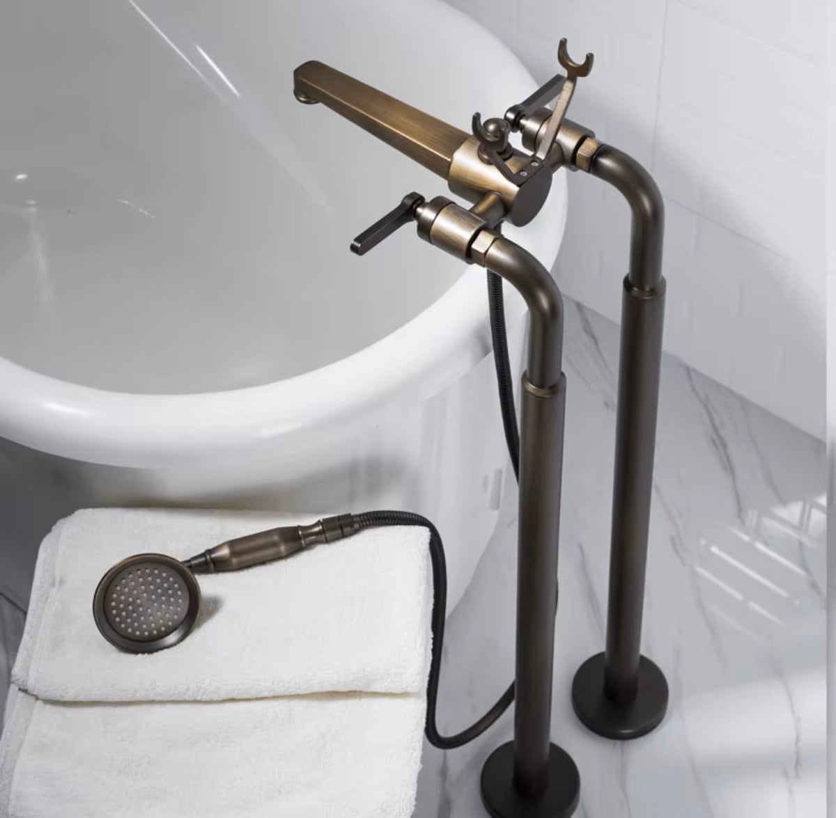 Matteo Vintage Brushed Brass Freestanding Tub Filler with Hand Shower