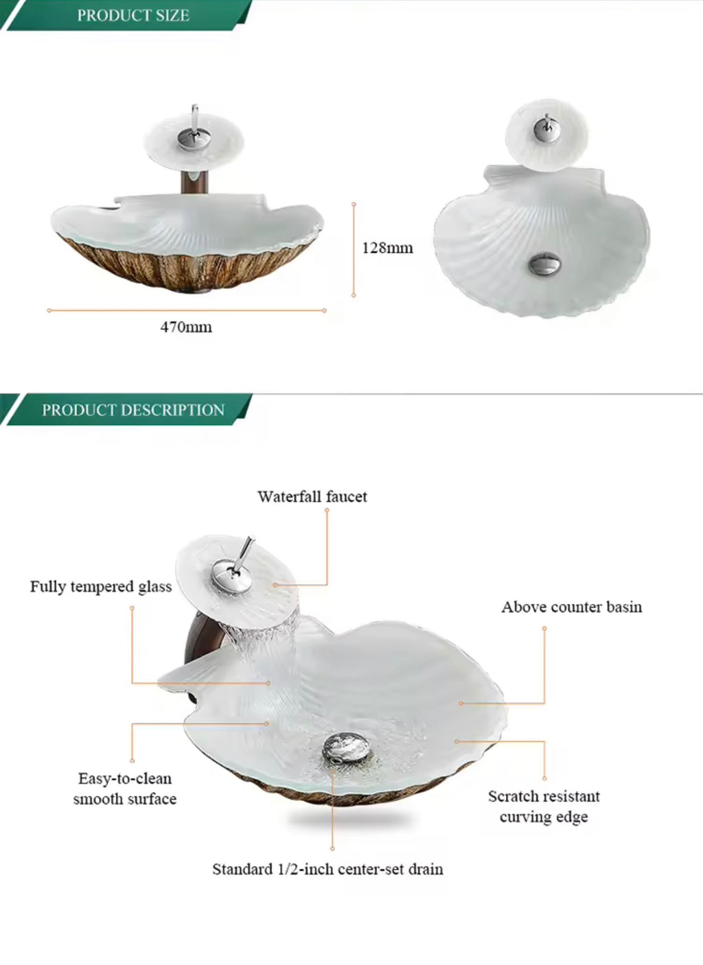Coralia White Shell Glass Vessel Sink Set