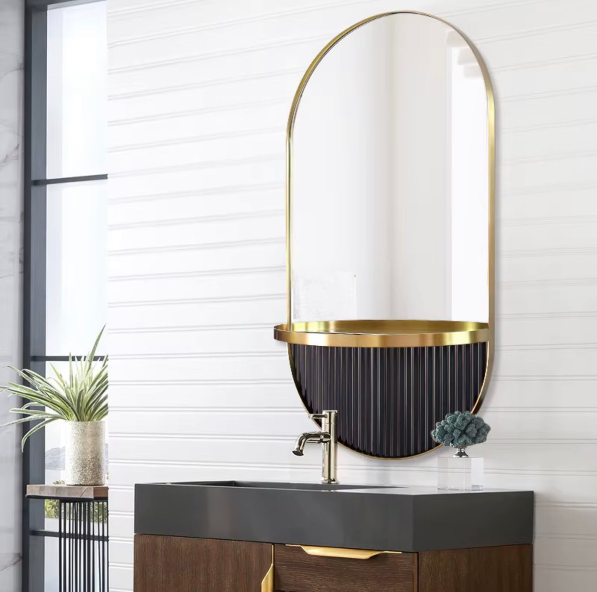 ALESSANDRA ARCHED FLUTED BATHROOM MIRROR WITH SHELF