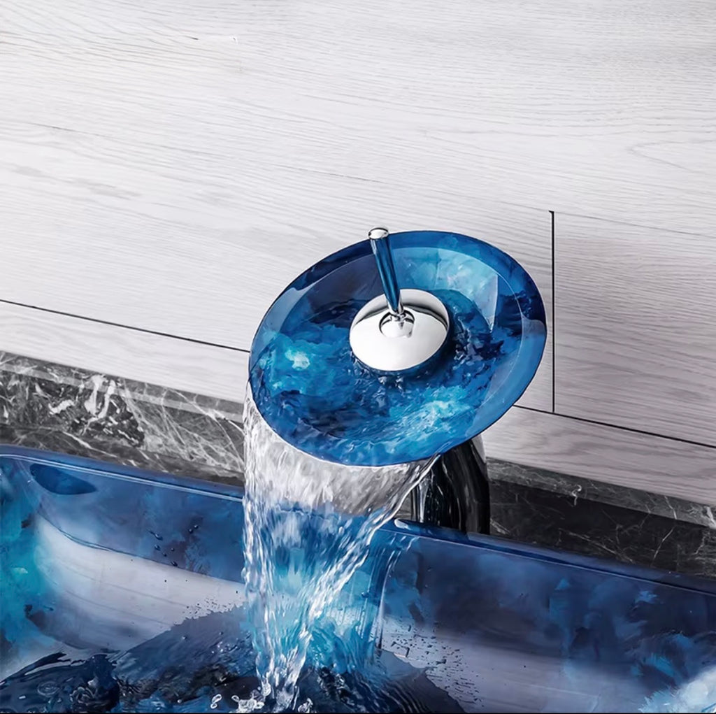 Floriana Blue Floral Glass Vessel Sink Set