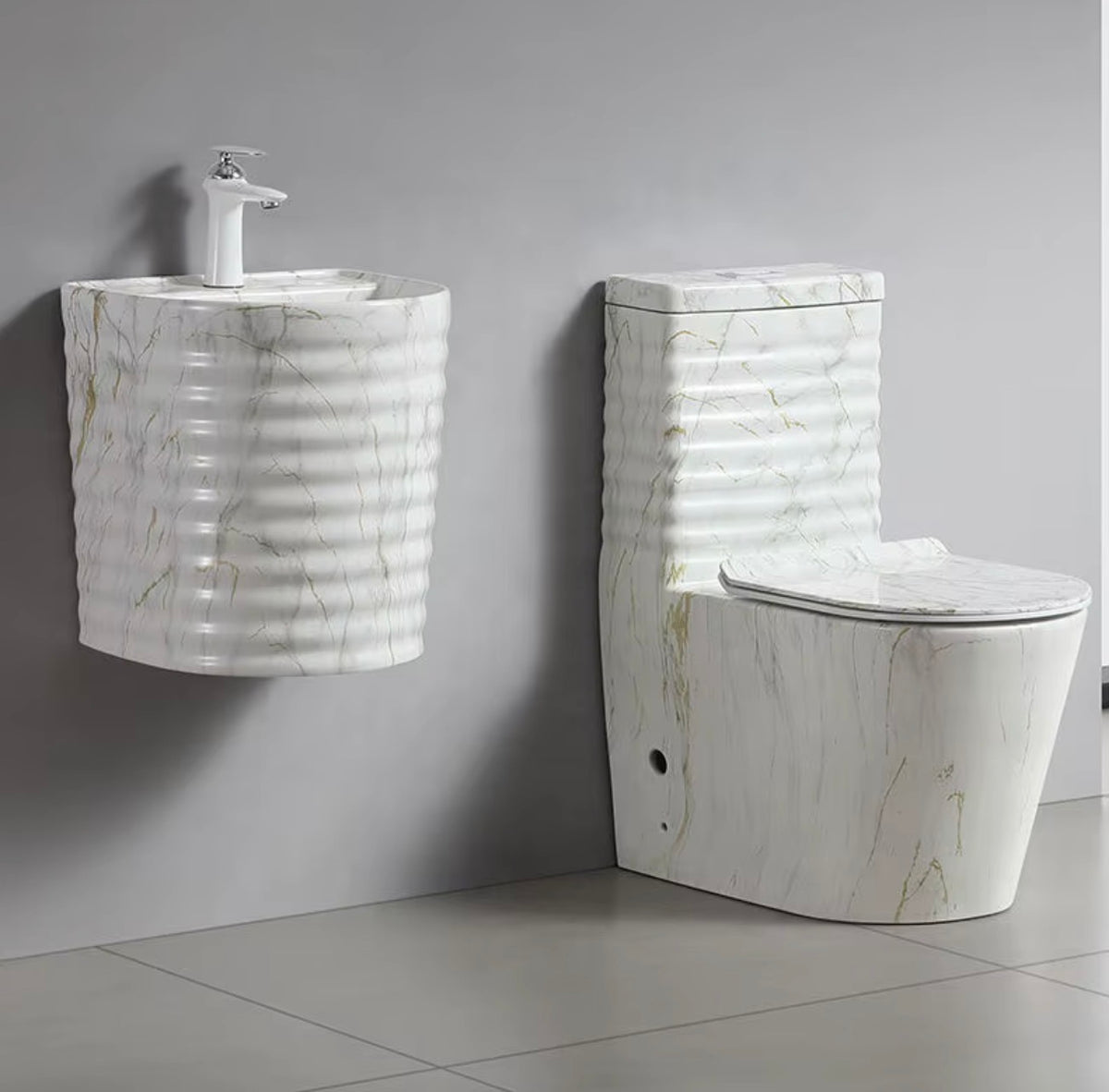 BIANCA FLUTED MARBLE-LOOK TOILET & PEDESTAL SINK COLLECTION
