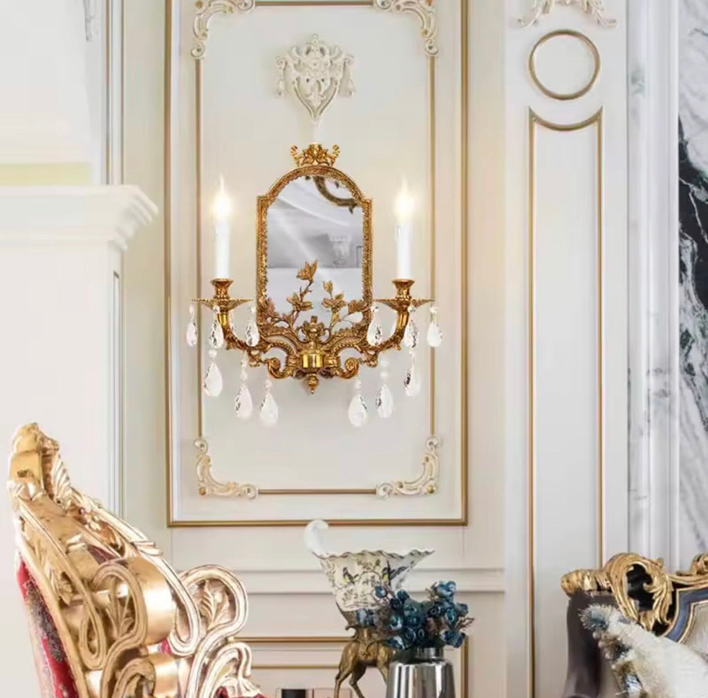 Isabella Antique Brass Crystal Mirror Wall Sconce