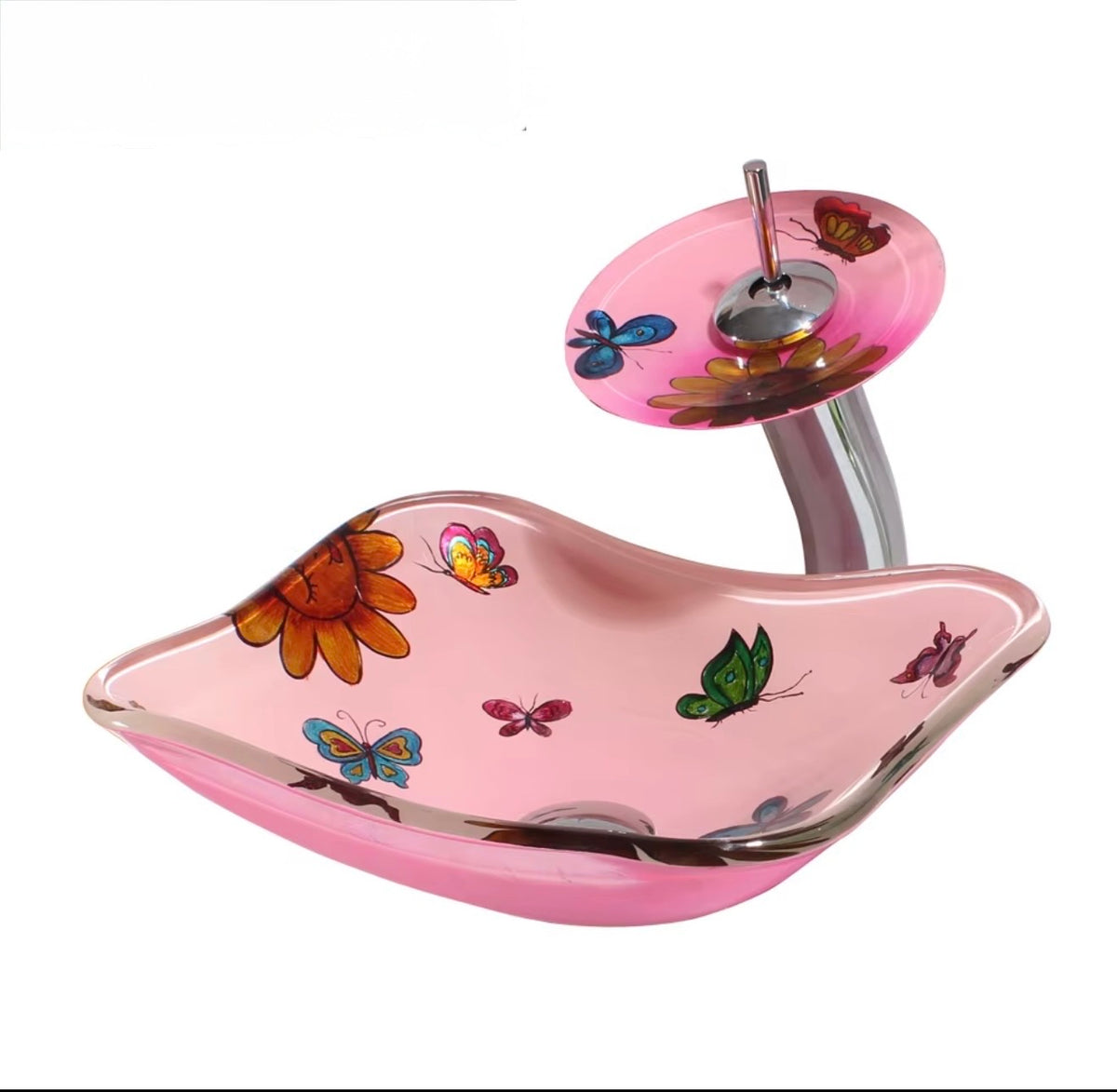 Farfalla Pink Butterfly Glass Vessel Sink Set