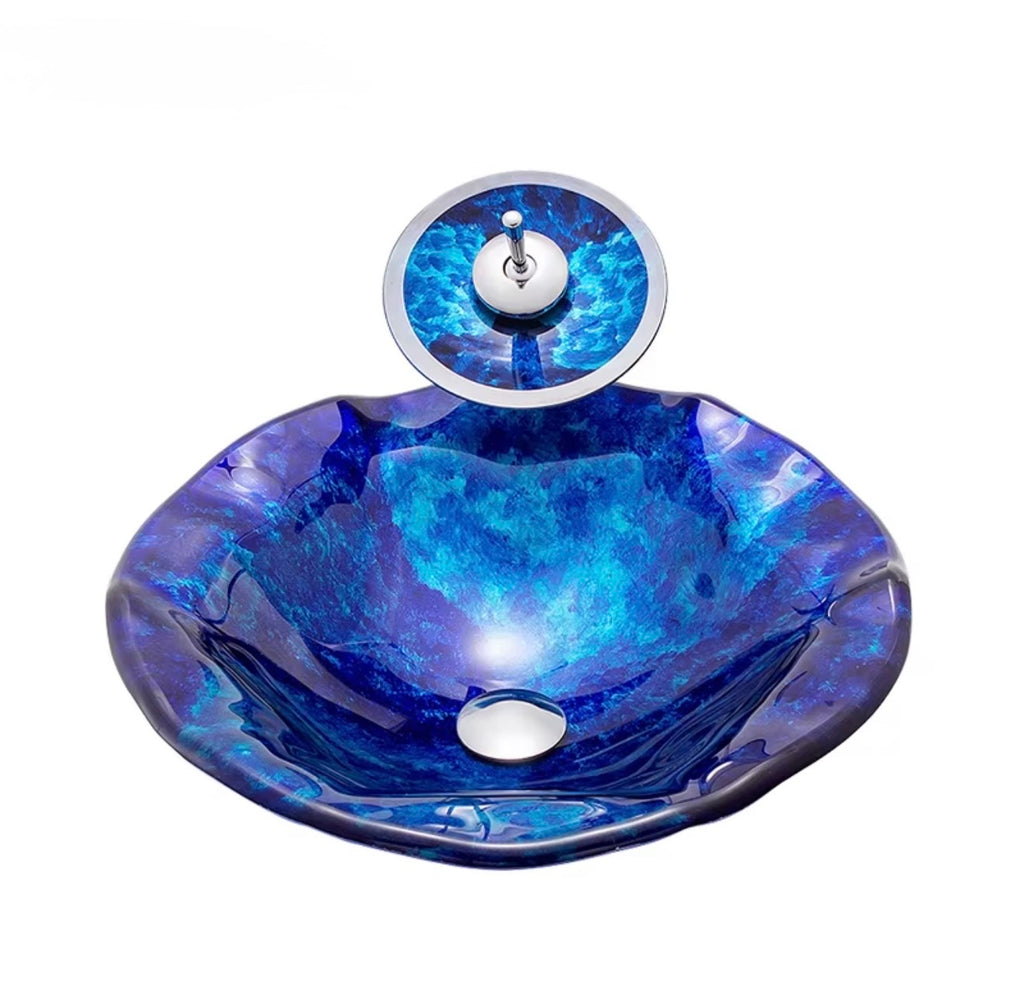 Maristella Blue Sculptural Glass Vessel Sink Set