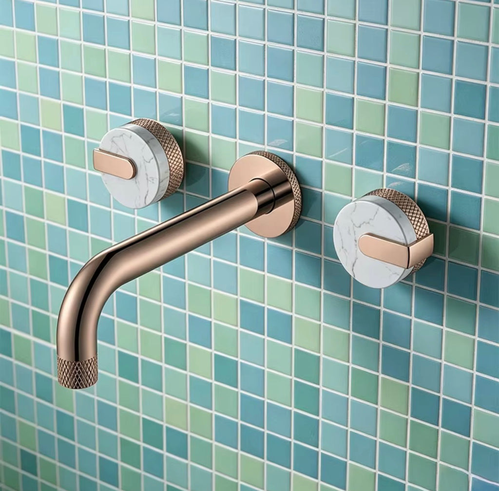 Élodie Knurled Handle Marble 3-Hole Wall-Mounted Basin Faucet